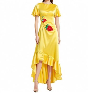Women'sfashion ball dress lotus leaf short sleeve high and low hollowed out silk dress